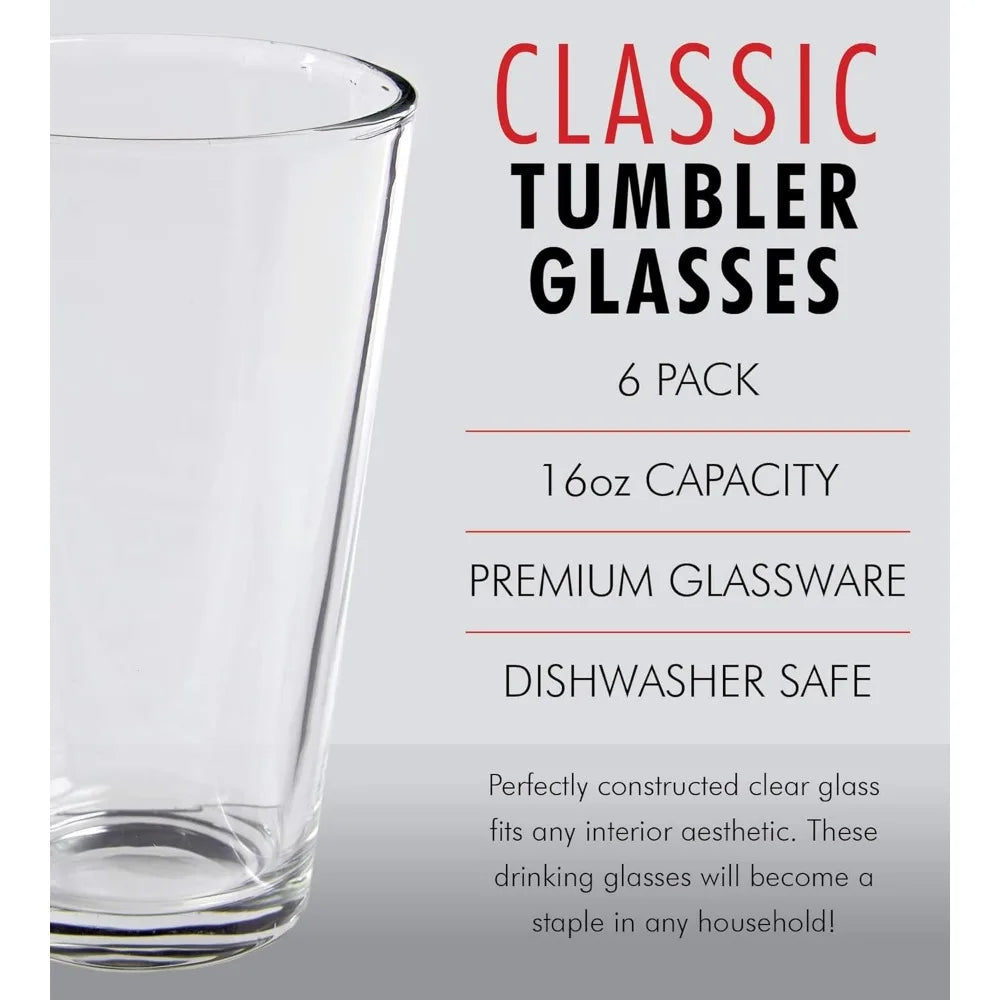 Beer Glasses Set of 6 – 16 oz Tall Clear Drinking Glasses and All Purpose Tumblers – Heavy Base Cocktail, Water, Juice Glass