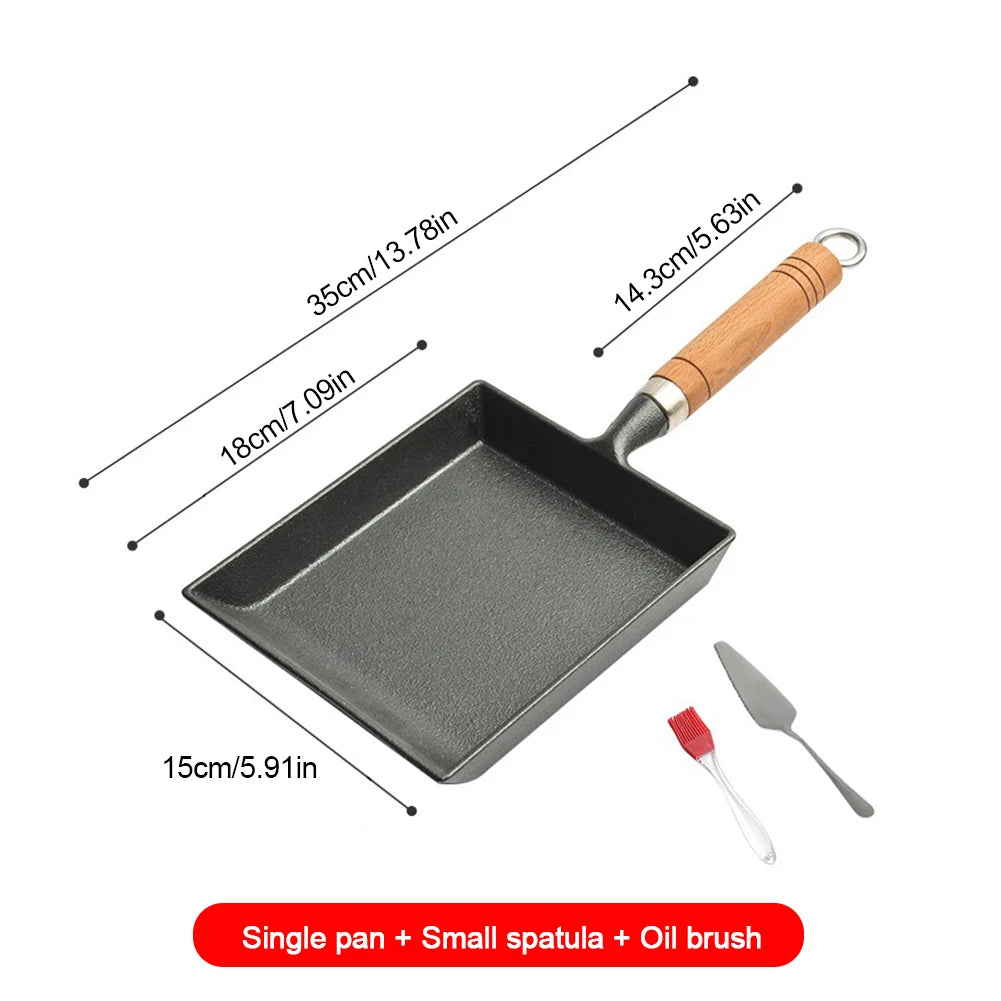 Cast Iron Tamagoyaki Pan Wood Handle Oven Safe with Oil Brush and Shovel Egg Omelette Pan Non Scald for Omelets, Steak & Camping
