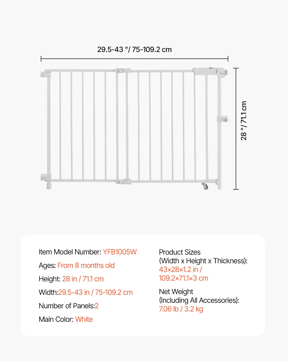 SucceBuy Baby Gate 29.5-43 Inches Adjustable Width 28 Inches High Dog Gate No Threshold Bar Easy Step Walk Child Pet Security