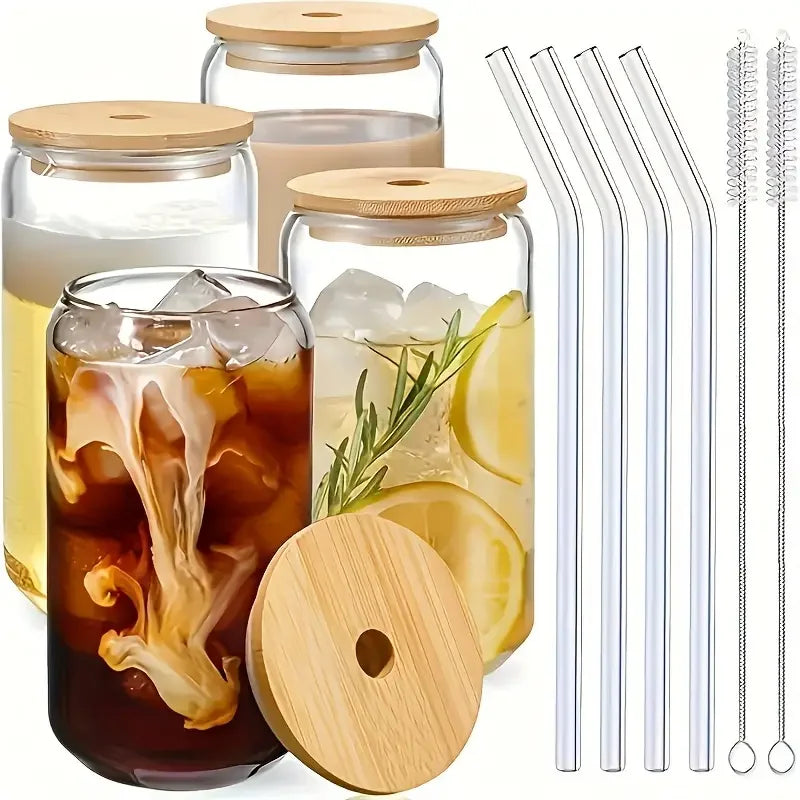 2/4/6pcs Glass Can Shaped Cups with Spill-Proof Lids and Straws 500ml Glass Cup with Bonus Straw Brushes Perfect Birthday Gift