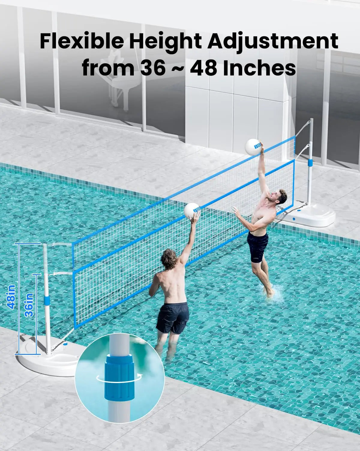 Pool Volleyball Net Set, Pool Volleyball Set with 15 Ft Length Net, Height Adjustable Volleyball Net for Pool,, Custom