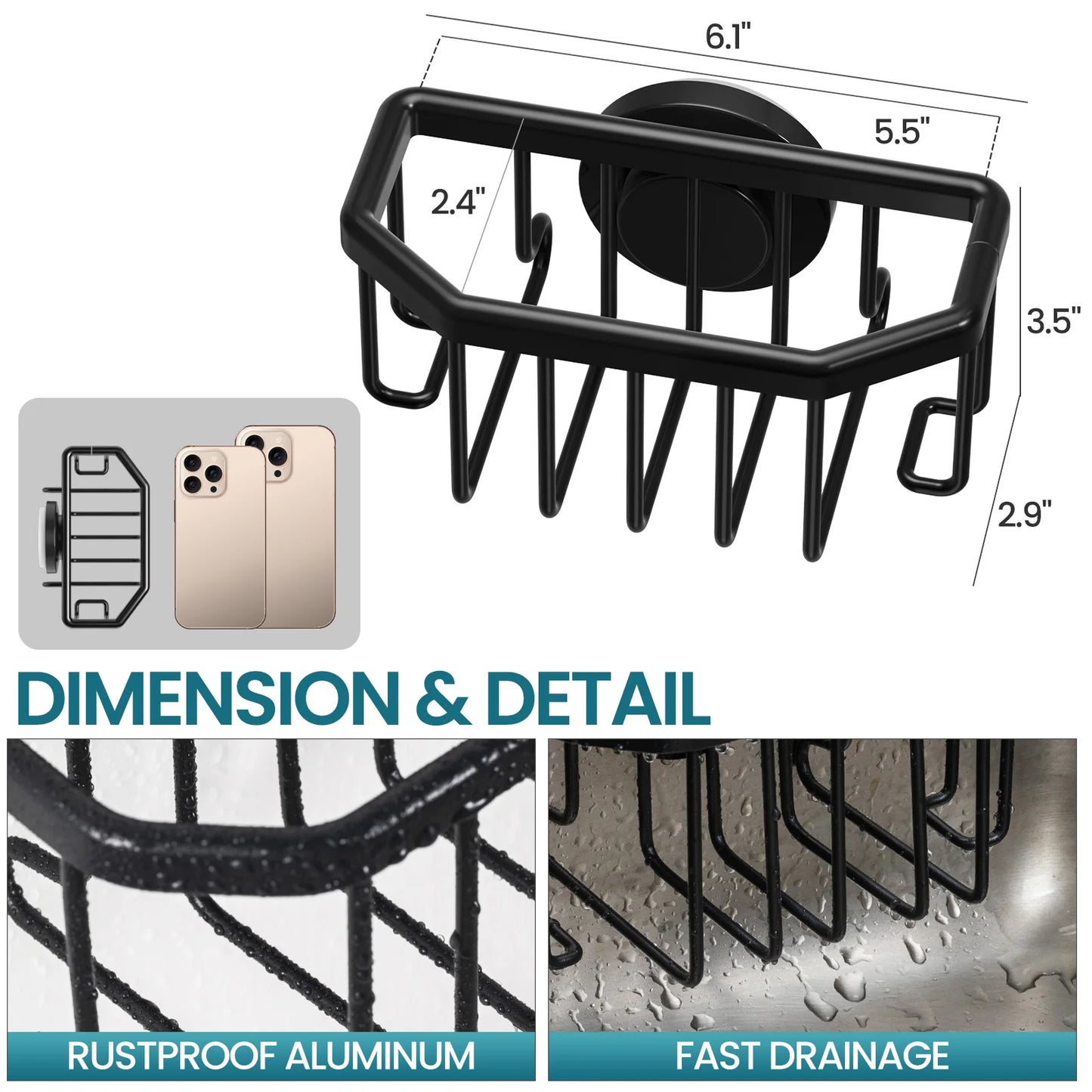 TAILI Sponge Holder for Kitchen Sink with Strong Suction Cup Removable, Rustproof Aluminum Sink Caddy for Sponge, Brush