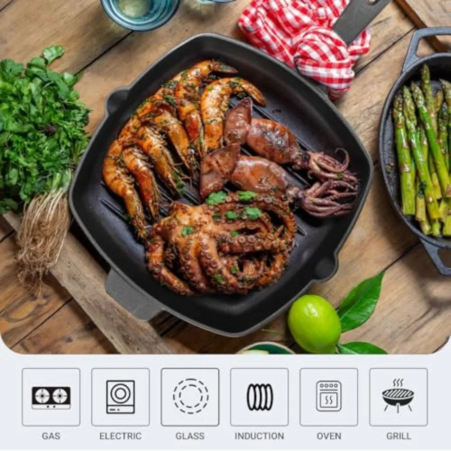 10.5 Inch Cast Iron Square Grill Pan with Tempered Glass Lid Heavy Steak and Bacon Pans for Stove Tops