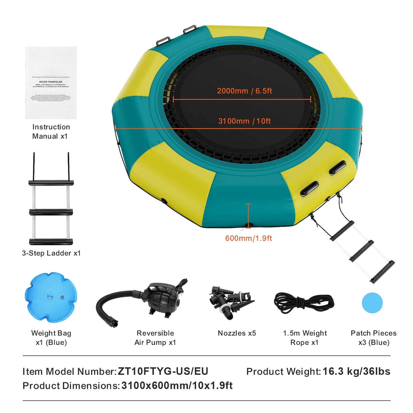 SucceBuy Inflatable Water Bouncer Recreational Water Trampoline Portable Bounce Swim Platform Kids Adults Floating Rebounder