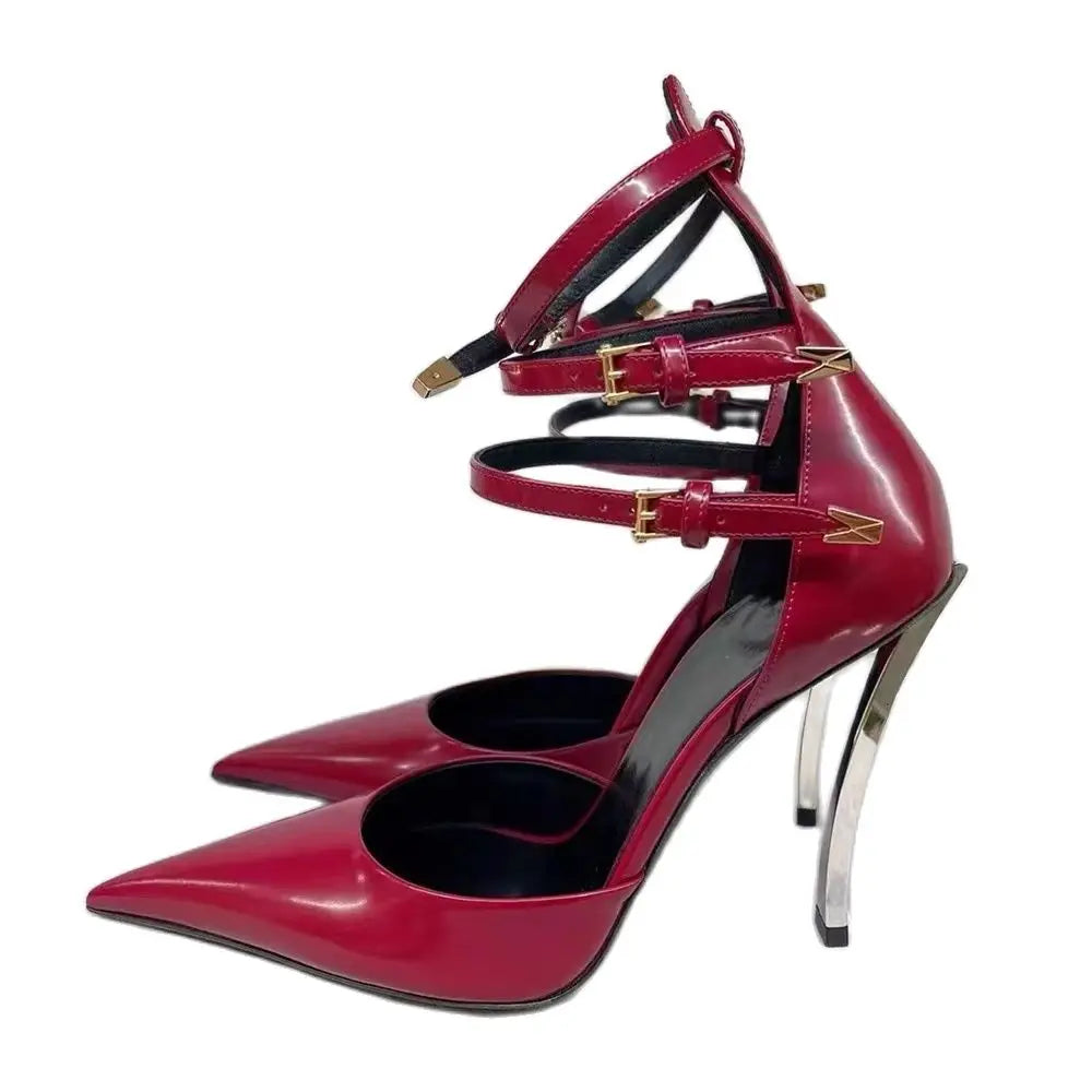 Women's High-end Metal Thin High-heeled Pointed Sandals Fashion Models Sexy Nightclub Party Shoes Wedding Red High-heeled Shoes