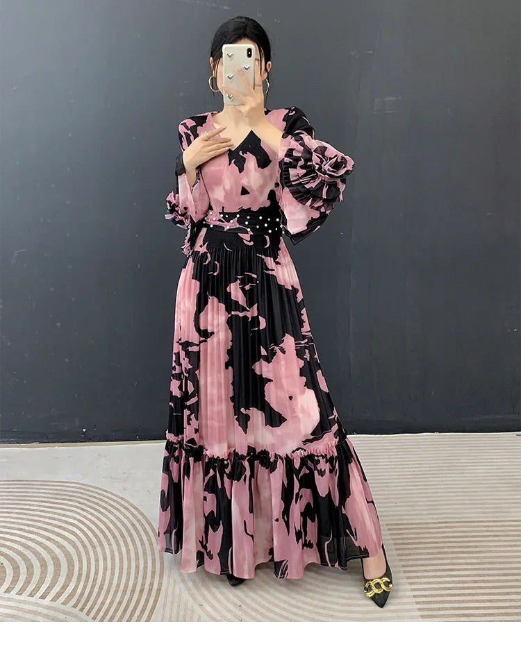 Fold Miyake Pleated Pink Tie Dye Floral Print V Neck Ruffle Sleeve Pearl Beaded Waist Maxi Dress Loose Breathable Elegant Wear