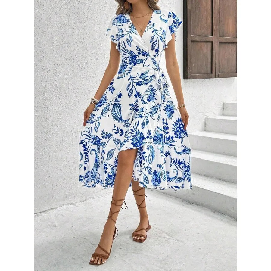 【New style】Women's Floral Printed Wrap Style Midi Dress Maxi Women Outfit
