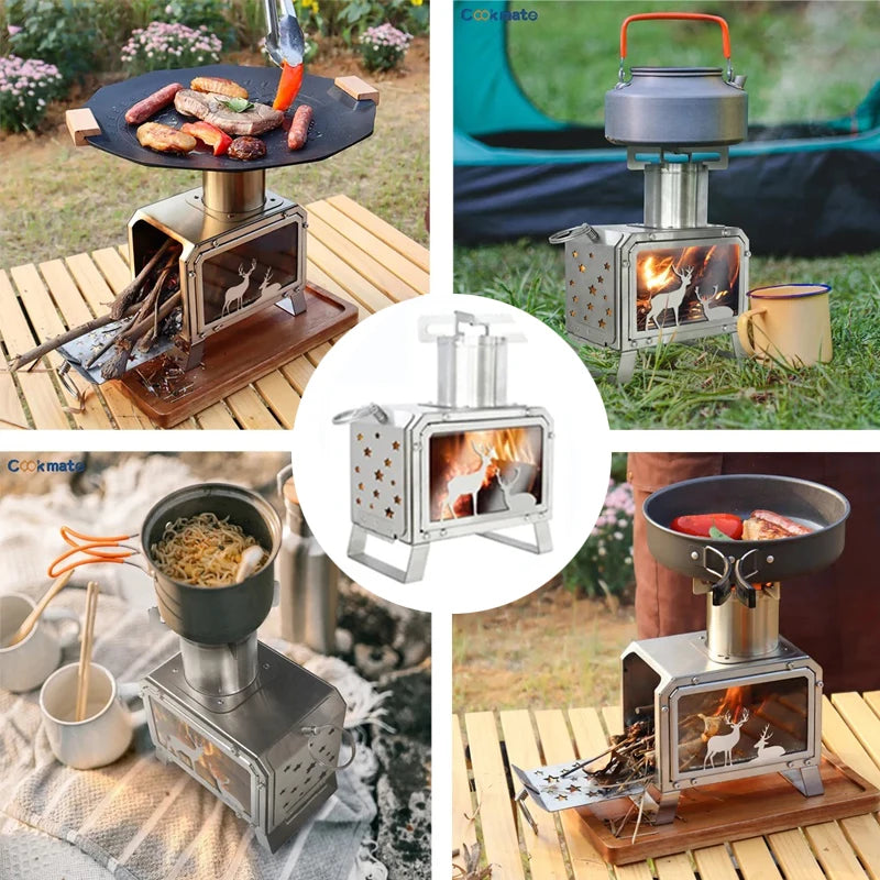 Portable Stainless Steel Foldable Square Outdoor Firewood Burner Stove for Picnic Hiking Camping Outdoor Kitchen Accessories