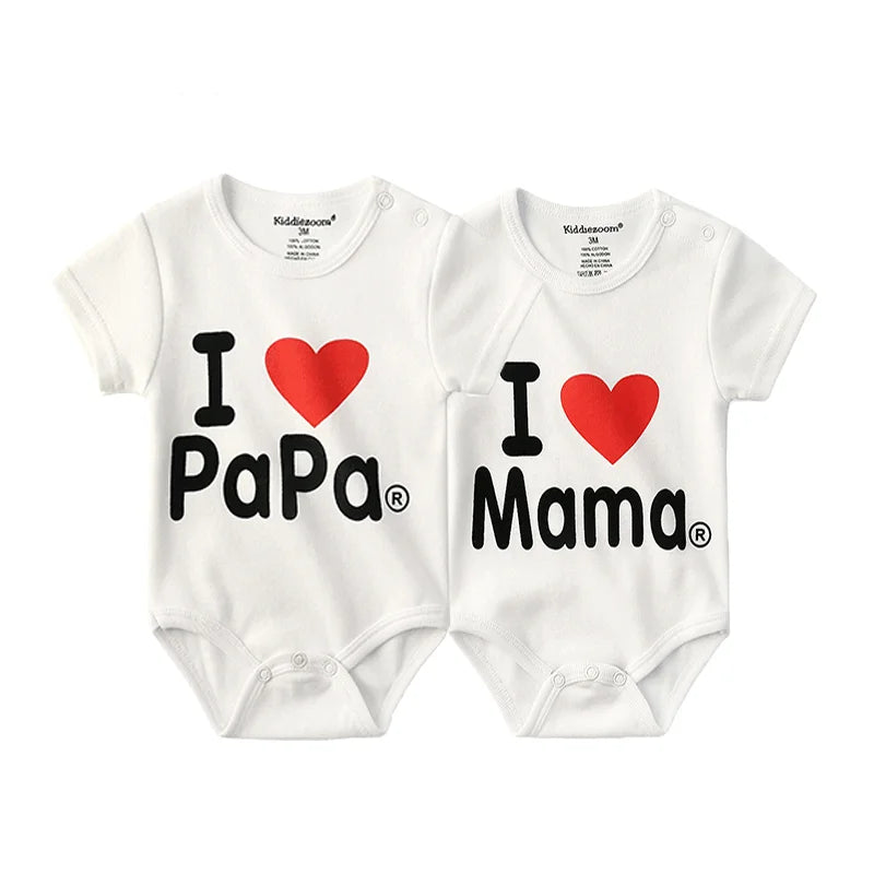 Newborn Twin 2 Pcs Baby Bodysuits - Four Seasons 100% Soft Cotton "I love Papa Mama" Onesies for Boys Girls