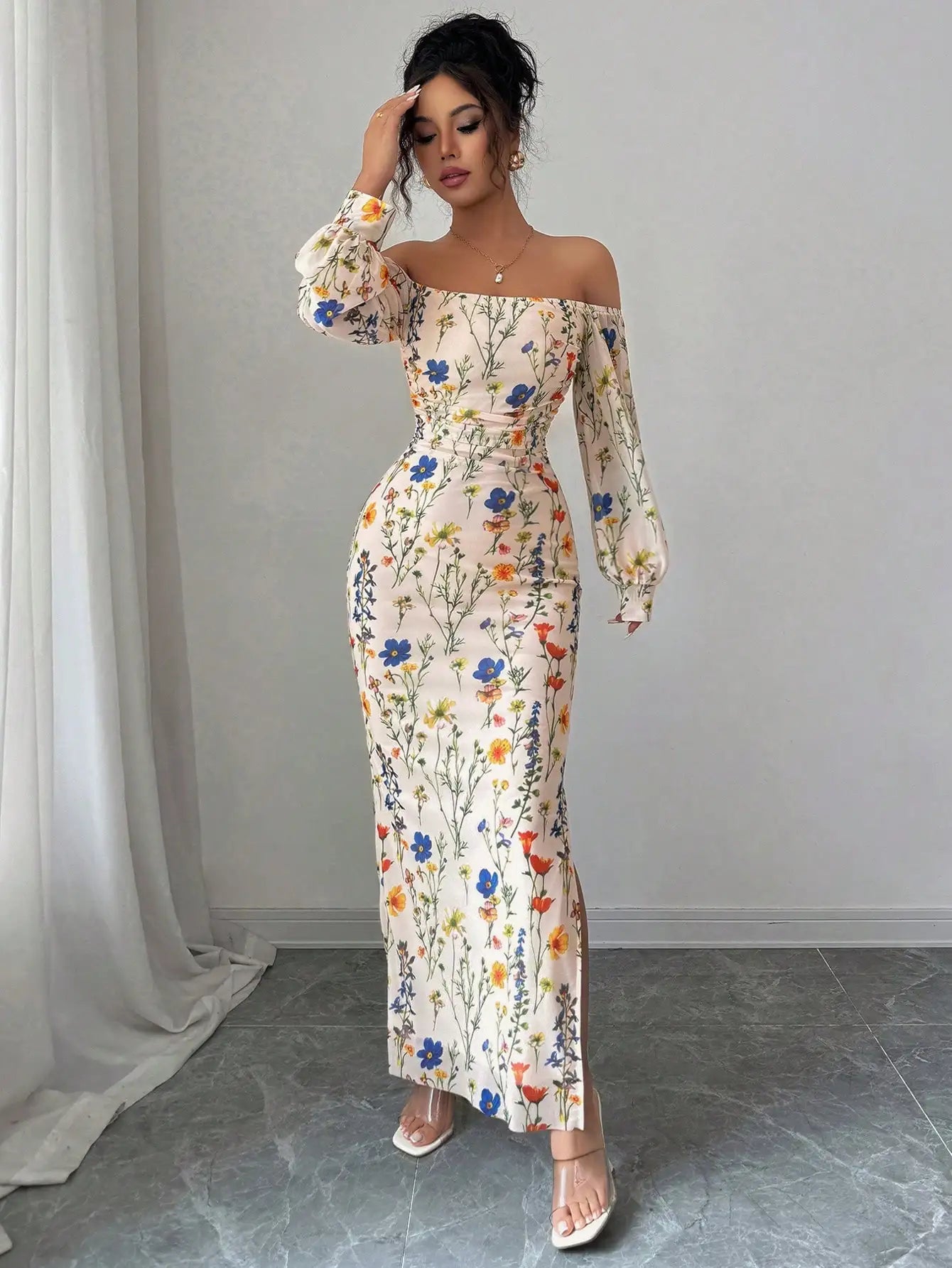 Off Shoulder Floral Print Long Sleeve Maxi Dress With Side Slit