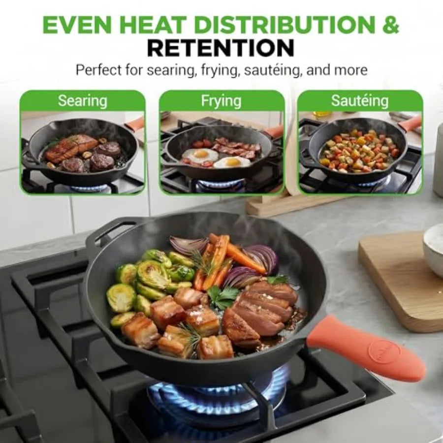 10 Inch Cast Iron Skillet with Lid - Pre-Seasoned Small Fry Pan with Side Drip Spout and Silicone Handle