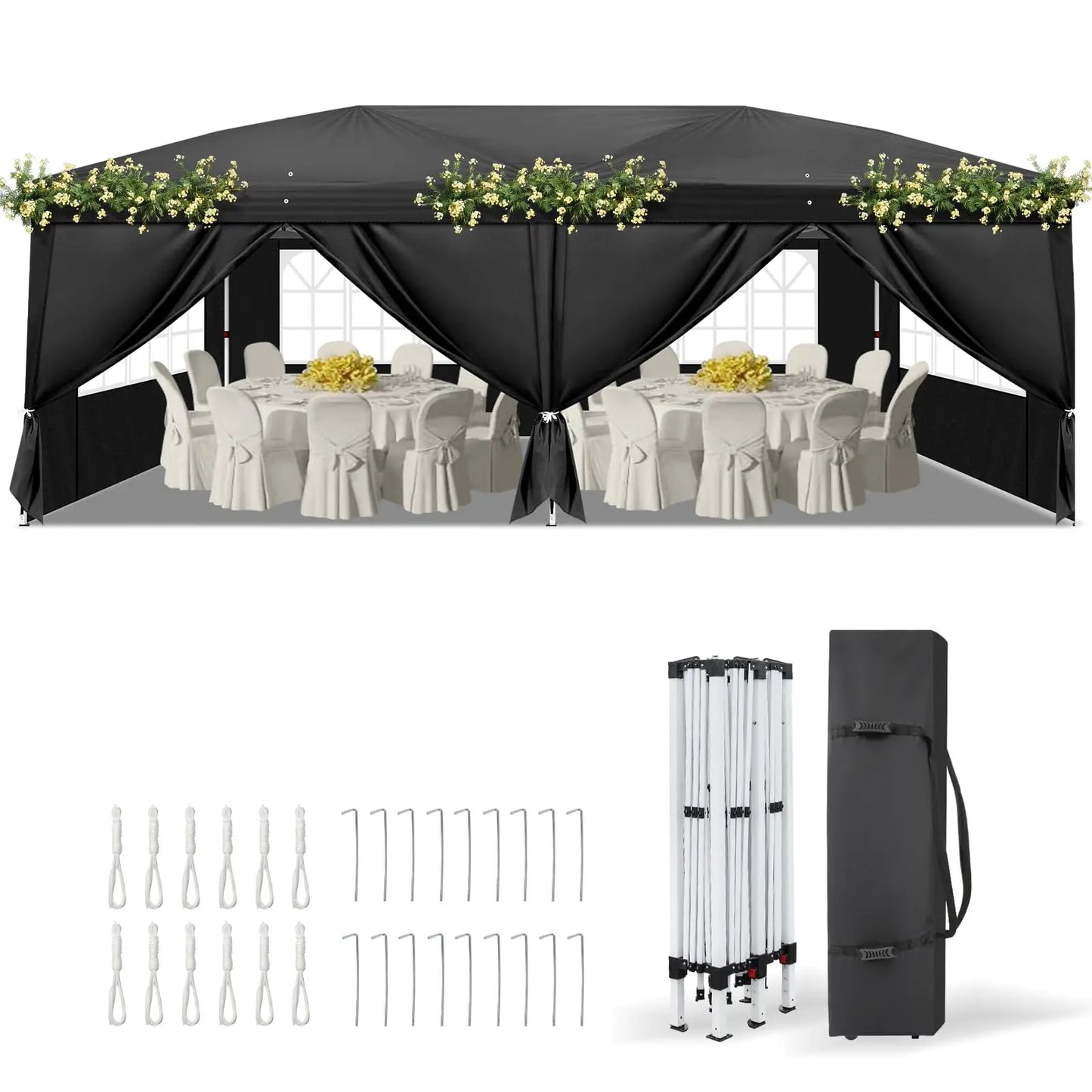 VINGLI 10x20 ft Pop Up Canopy Tent with 6 Sidewalls with Carry Bag, Outdoor Canopy Patio Event Tent Commercial Canopy(Black)