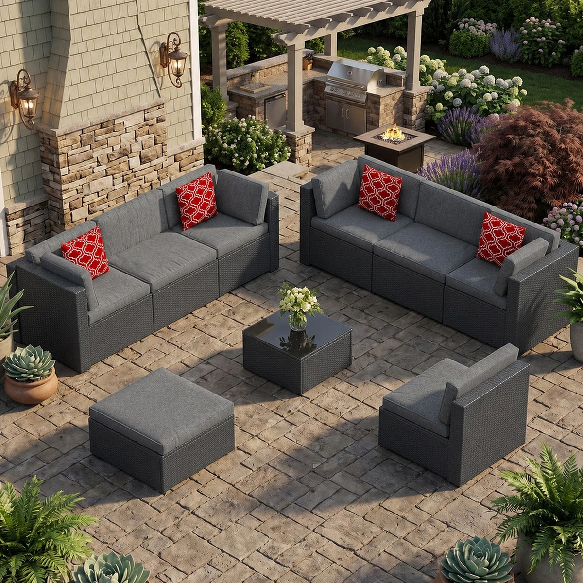 10/9 Piece Modular PE Wicker Patio Conversation Set, Outdoor Sectional Sofa with Removable Thick Cushions, Glass Top Coffee Side Tables, All Weather Rattan Furniture for Backyard Poolside Garden Deck