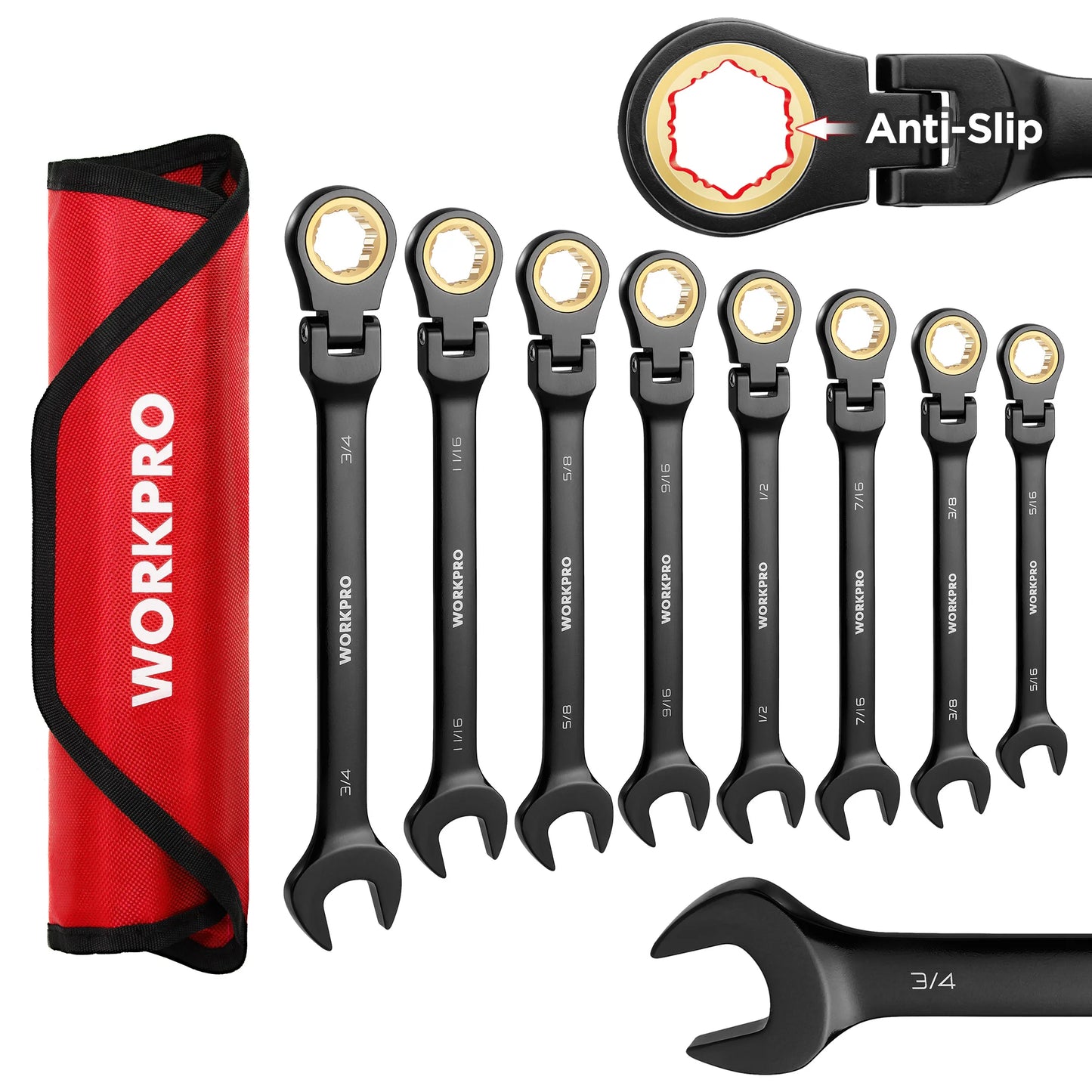 WORKPRO 8pcs Flex-Head Ratcheting Combination Wrench Set SAE 5/16-3/4 in 72-Teeth CR-V Constructed