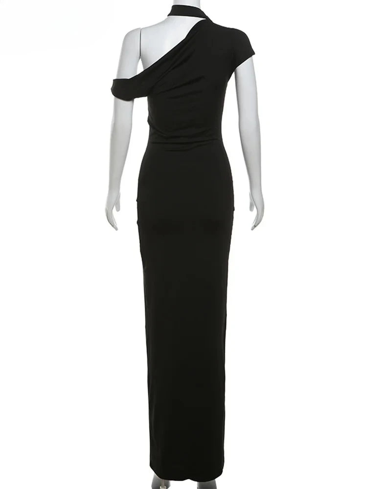 Weird Puss Incline Shoulder Dress Woman Summer Sexy Solid Irregular Collar Elegant Sleeveless Chic Party Skinny Evening Vestidos