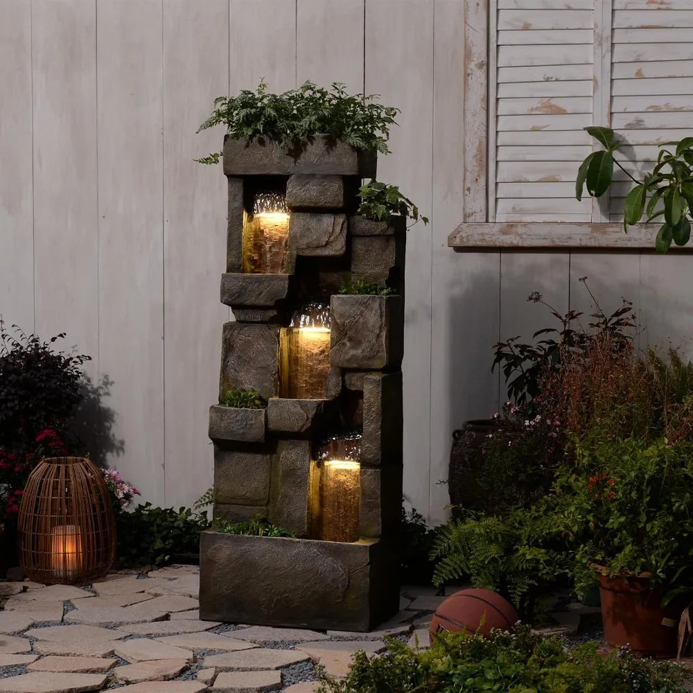 Garden Water Fountains Outdoor Floor Standing, 3 Tier Rock Waterfall Fountain with LED Lights and Pump for Garden,, Customized