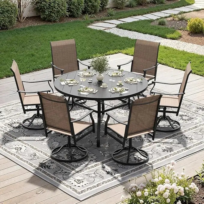 Farini 7-Piece Outdoor Dining Set for 6, 47" Round Table with 6 Swivel Chairs, All-Weather for Poolside, Backyard, Patio, Porch