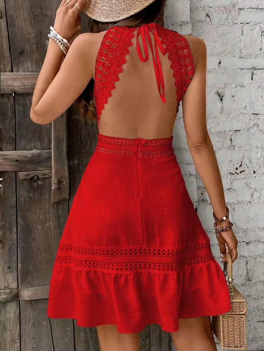 Vintage Style Womens Lace Backless Mini Dress Beach Vacation Outfit