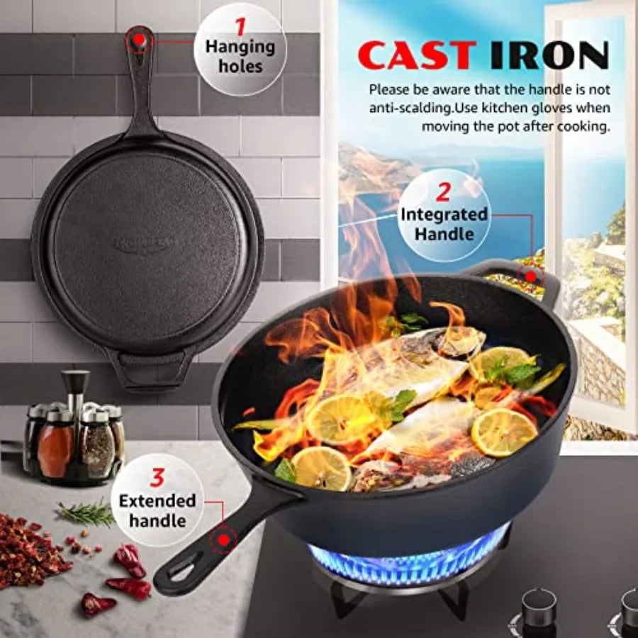 Cast Iron Skillet with Lid - 2-in-1 Cast Iron Dutch Oven - 3.2QT Deep Pot with Frying Pan - Pre-seasoned Cookware Multi Cooker