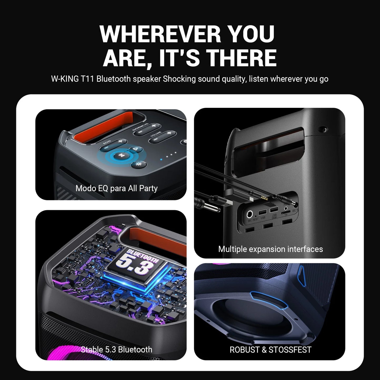 W-KING 100W RMS Bluetooth Speakers, IPX6 Waterproof, V5.3 Portable Party Boombox Wireless Deep Bass/115dB Loud Massive Sound