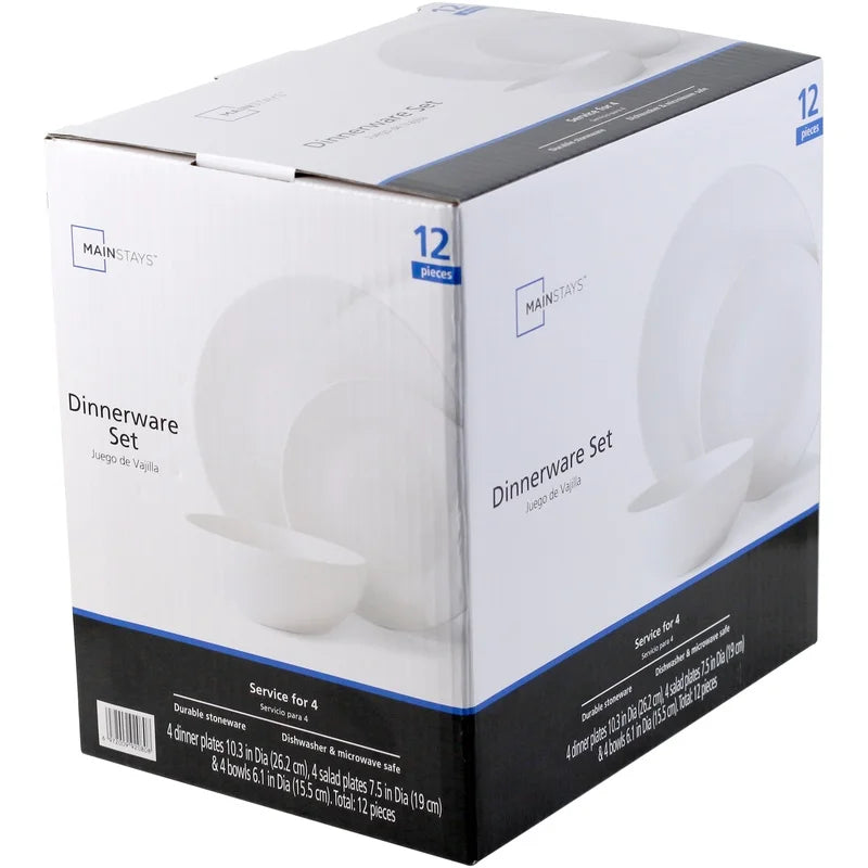 12-Piece White Stoneware Dinnerware Set 4 Dishwasher Microwave Safe Elegant Tableware Bowls Plates Ideal Formal Casual Use