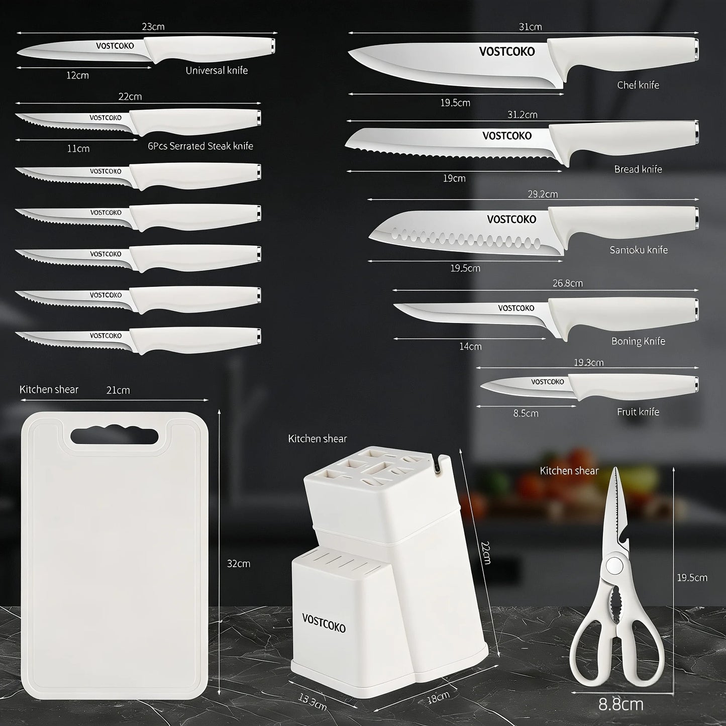 15pcs Professional Black Kitchen Knife Set, Including A Cutting Board, Chef's Knife with Non-slip ABS Handle, Plastic Cutting Bo