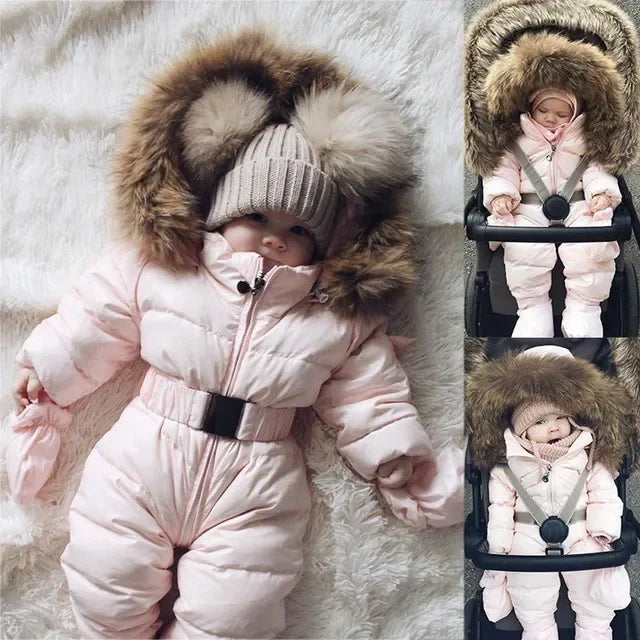New baby winter fur collar hooded thick warm solid color cute sports zipper waist cinching jumpsuit