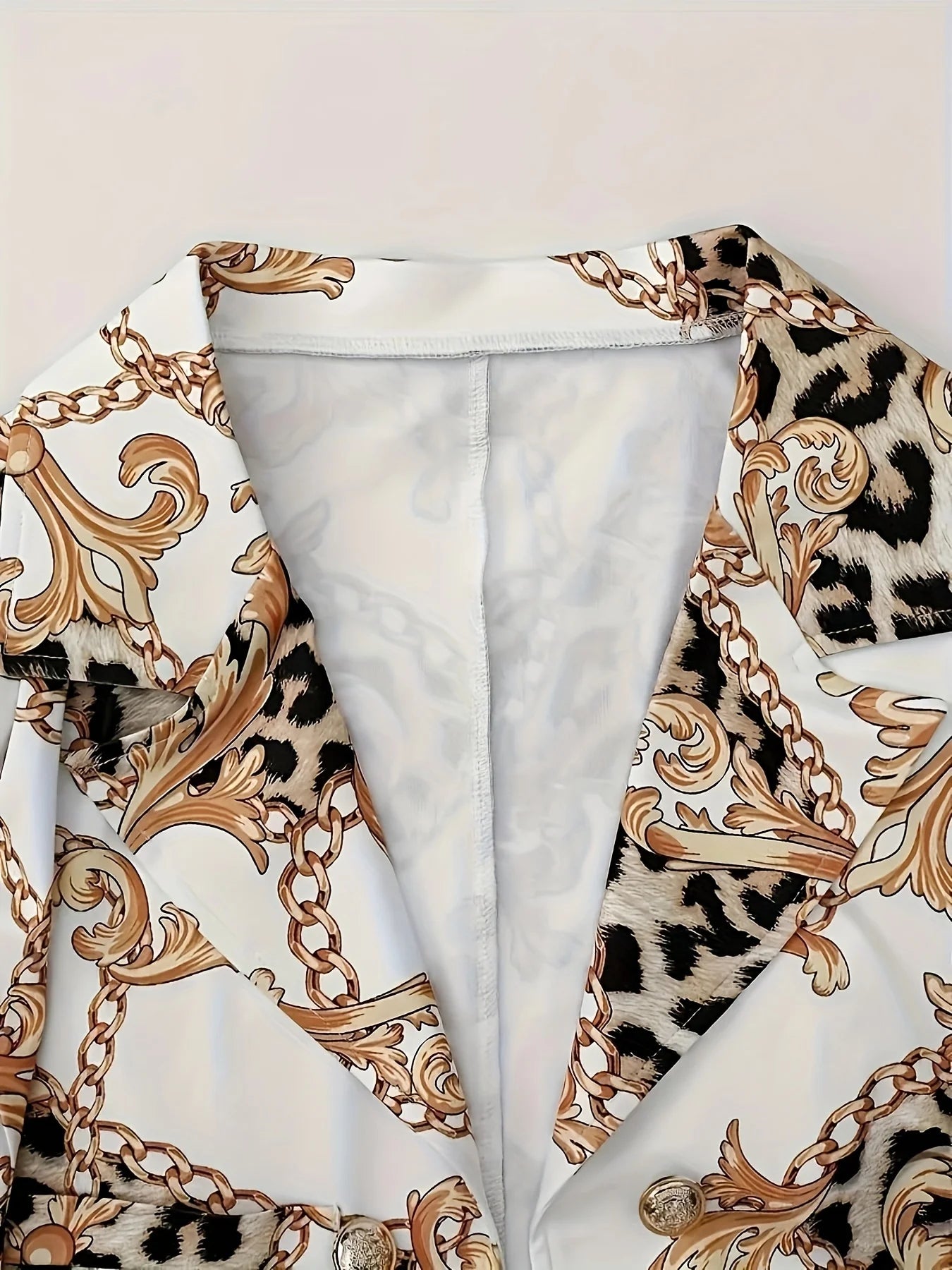 Chain printed leopard print casual two-piece set, double breasted lapel long sleeved suit jacket and high waisted casual pants