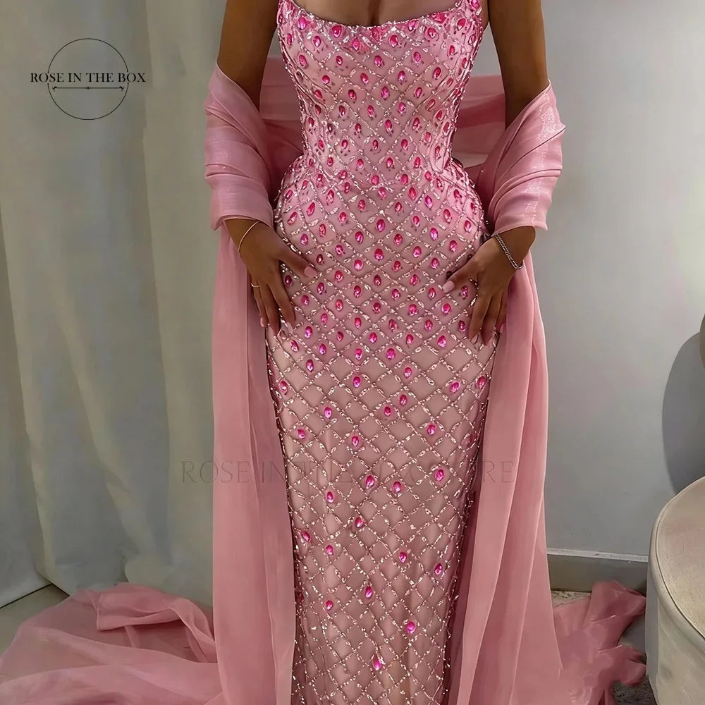 ROSEINTHEBOX Customized Exquisite Crystals Beaded Mermaid Evening Dresses with Light Blue Chiffon Shawl Formal robes de soirée