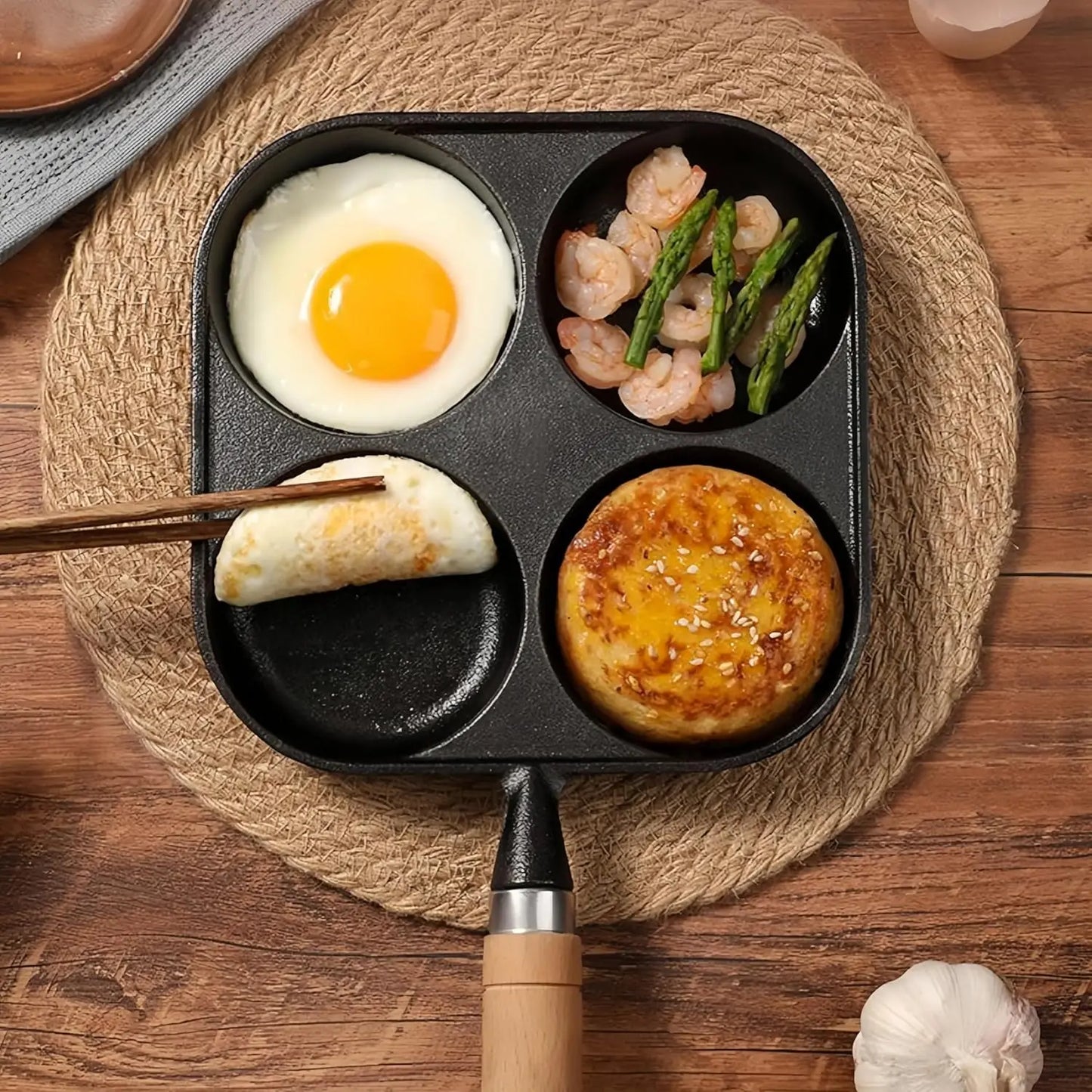 4-Cup Cast Iron Egg Pan, 4 Hole Frying Pan for Eggs & Pancakes, Works on Gas & Induction Stovetops