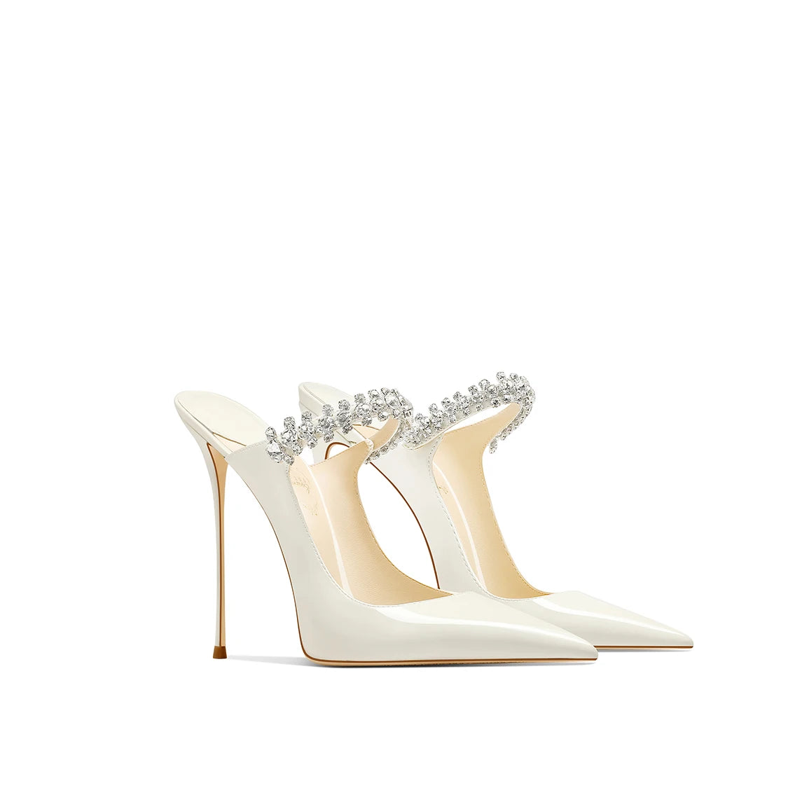 2026 White Patent Leather Temperament Rhinestone with Skirt Pointed Head Stiletto High Heels Women