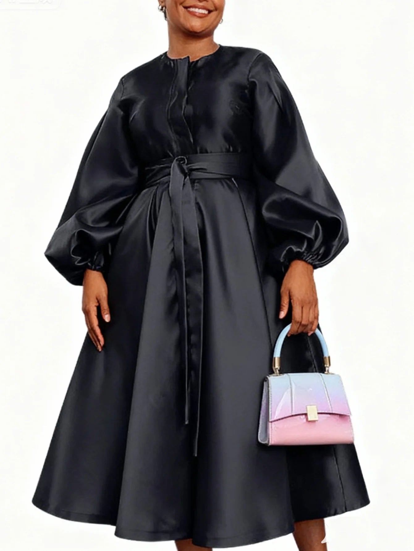 Women's Autumn/Winter Satin A-line Skirt, Women's Solid Color Lantern Sleeve Tie-waist A-line Dress