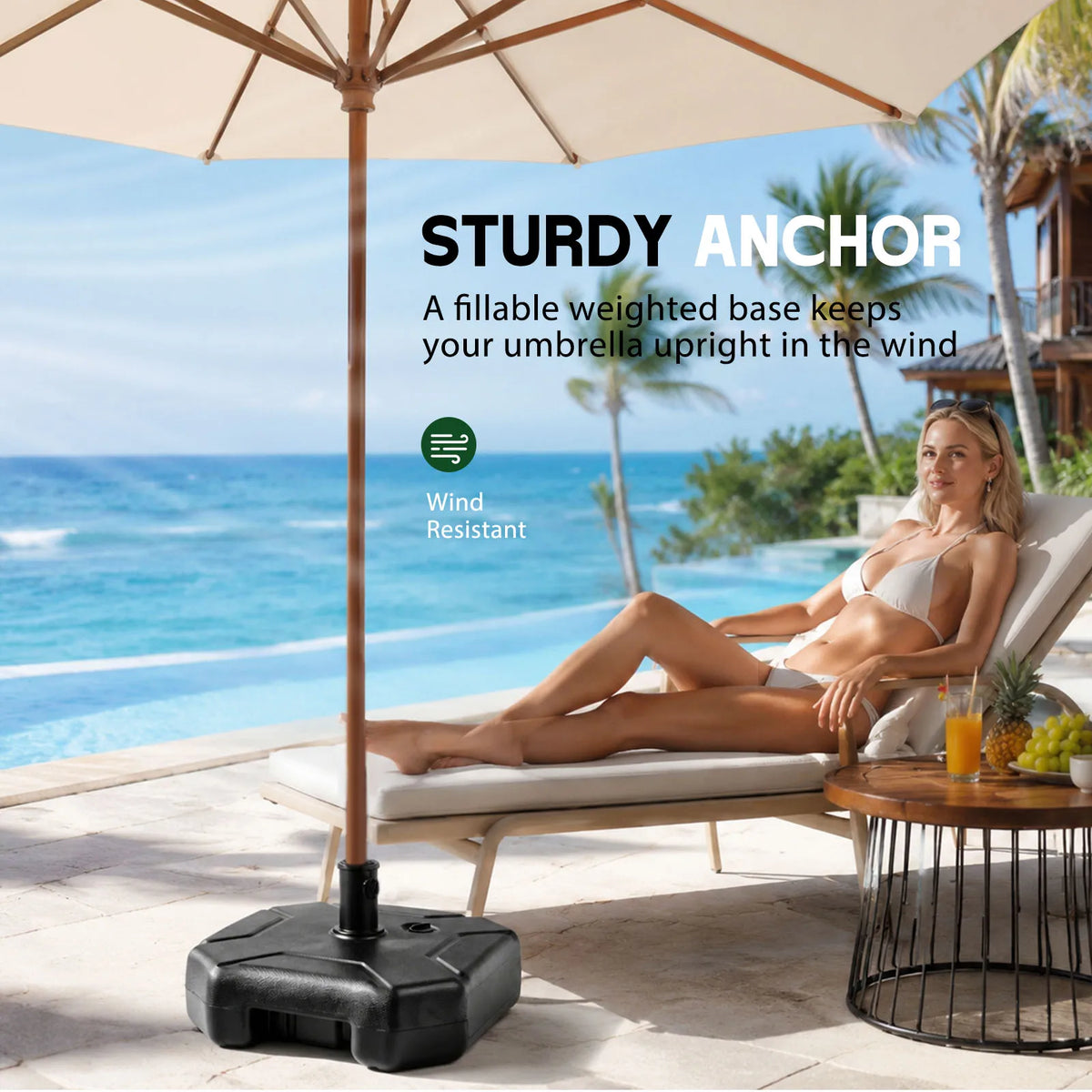 Fillable Patio Umbrella Base Stand, Heavy‑Duty Water Sand Filled Weighted Parasol Base, Fits 1.26"-2.36" Poles, Wind‑Resistant Outdoor Umbrella Stand for Garden Pool Balcony Terrace