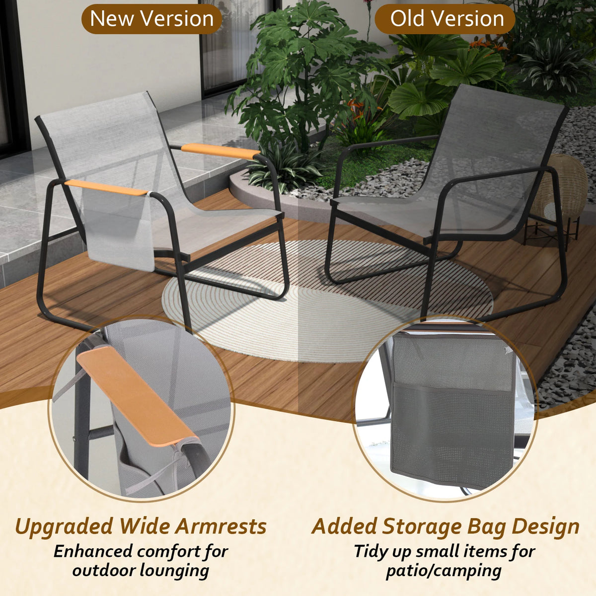 6-Piece Textilene Patio Conversation Set, Outdoor Chairs with Wide Armrests & Side Storage Pockets, 2 Glass Top Side Tables, Weather Resistant Metal Frame for Backyard Poolside Garden Deck