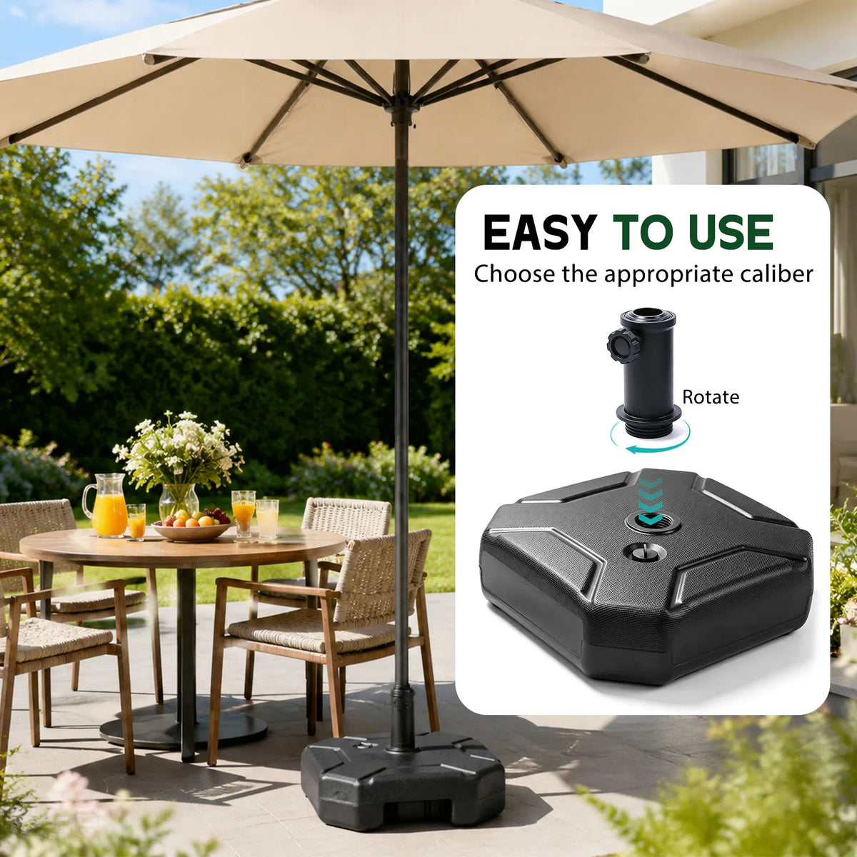 Fillable Patio Umbrella Base Stand, Heavy‑Duty Water Sand Filled Weighted Parasol Base, Fits 1.26"-2.36" Poles, Wind‑Resistant Outdoor Umbrella Stand for Garden Pool Balcony Terrace