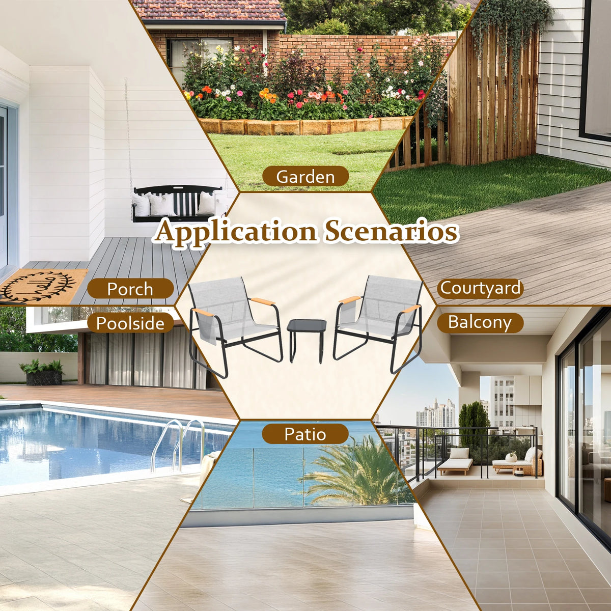 6-Piece Textilene Patio Conversation Set, Outdoor Chairs with Wide Armrests & Side Storage Pockets, 2 Glass Top Side Tables, Weather Resistant Metal Frame for Backyard Poolside Garden Deck