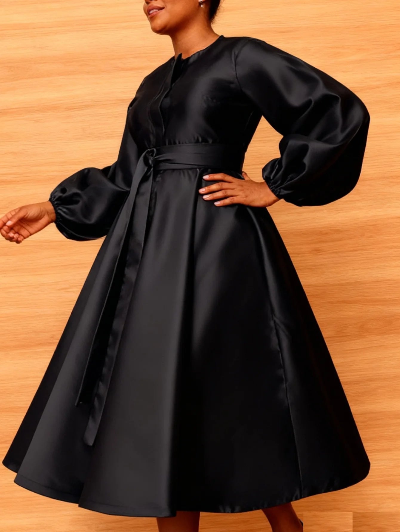 Women's Autumn/Winter Satin A-line Skirt, Women's Solid Color Lantern Sleeve Tie-waist A-line Dress