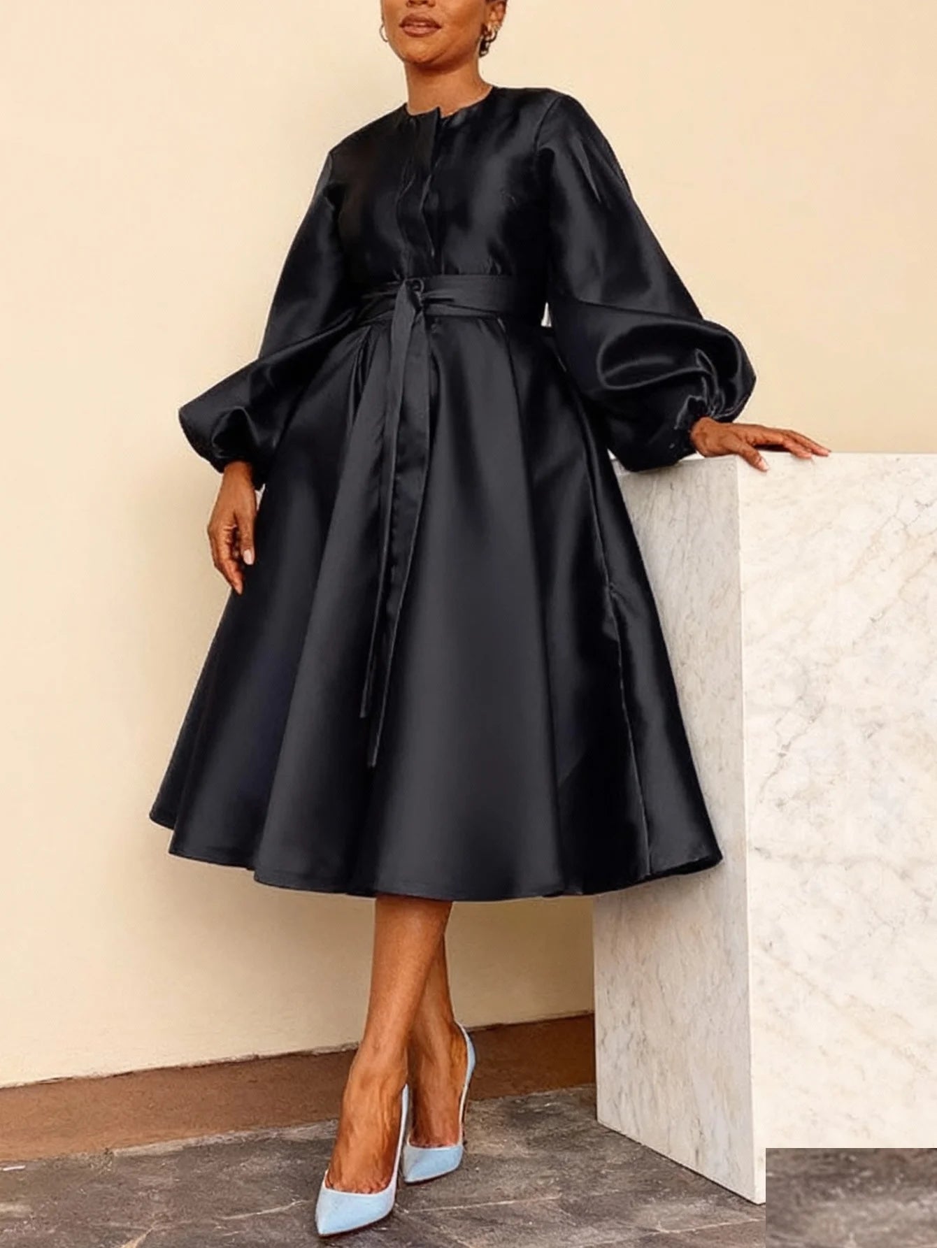 Women's Autumn/Winter Satin A-line Skirt, Women's Solid Color Lantern Sleeve Tie-waist A-line Dress