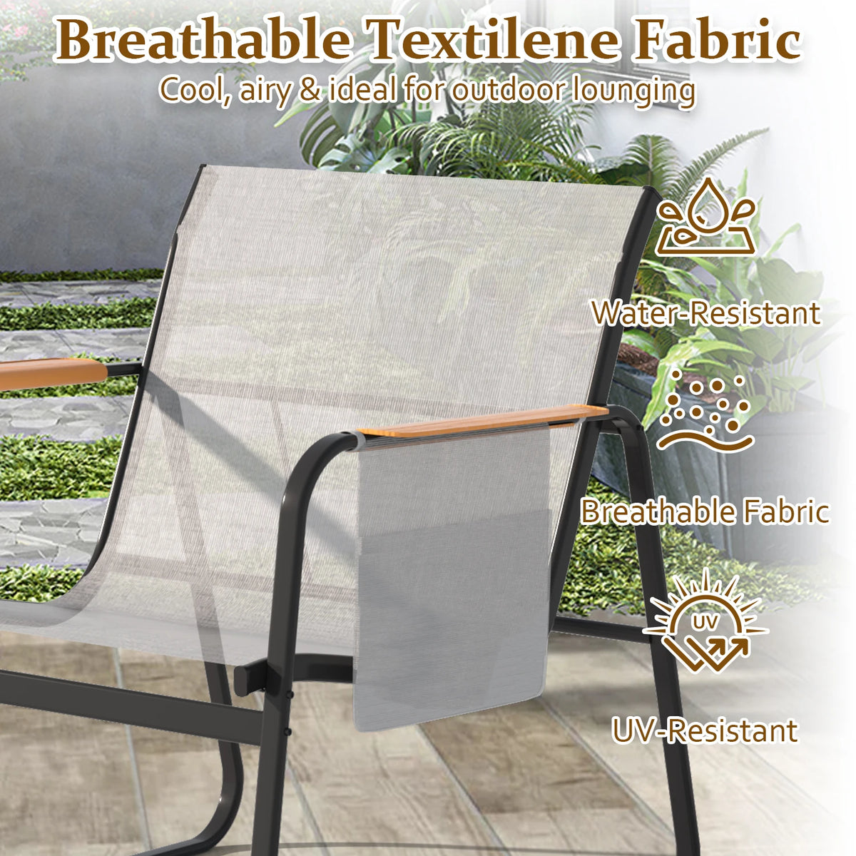 6-Piece Textilene Patio Conversation Set, Outdoor Chairs with Wide Armrests & Side Storage Pockets, 2 Glass Top Side Tables, Weather Resistant Metal Frame for Backyard Poolside Garden Deck