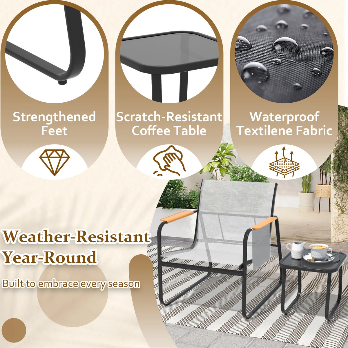 6-Piece Textilene Patio Conversation Set, Outdoor Chairs with Wide Armrests & Side Storage Pockets, 2 Glass Top Side Tables, Weather Resistant Metal Frame for Backyard Poolside Garden Deck