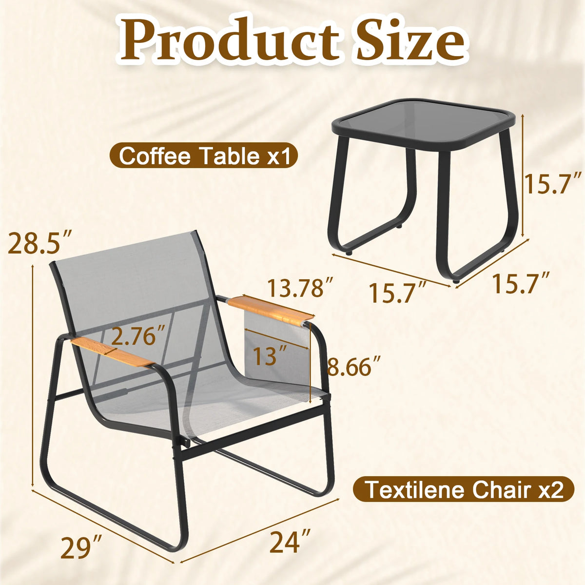 6-Piece Textilene Patio Conversation Set, Outdoor Chairs with Wide Armrests & Side Storage Pockets, 2 Glass Top Side Tables, Weather Resistant Metal Frame for Backyard Poolside Garden Deck