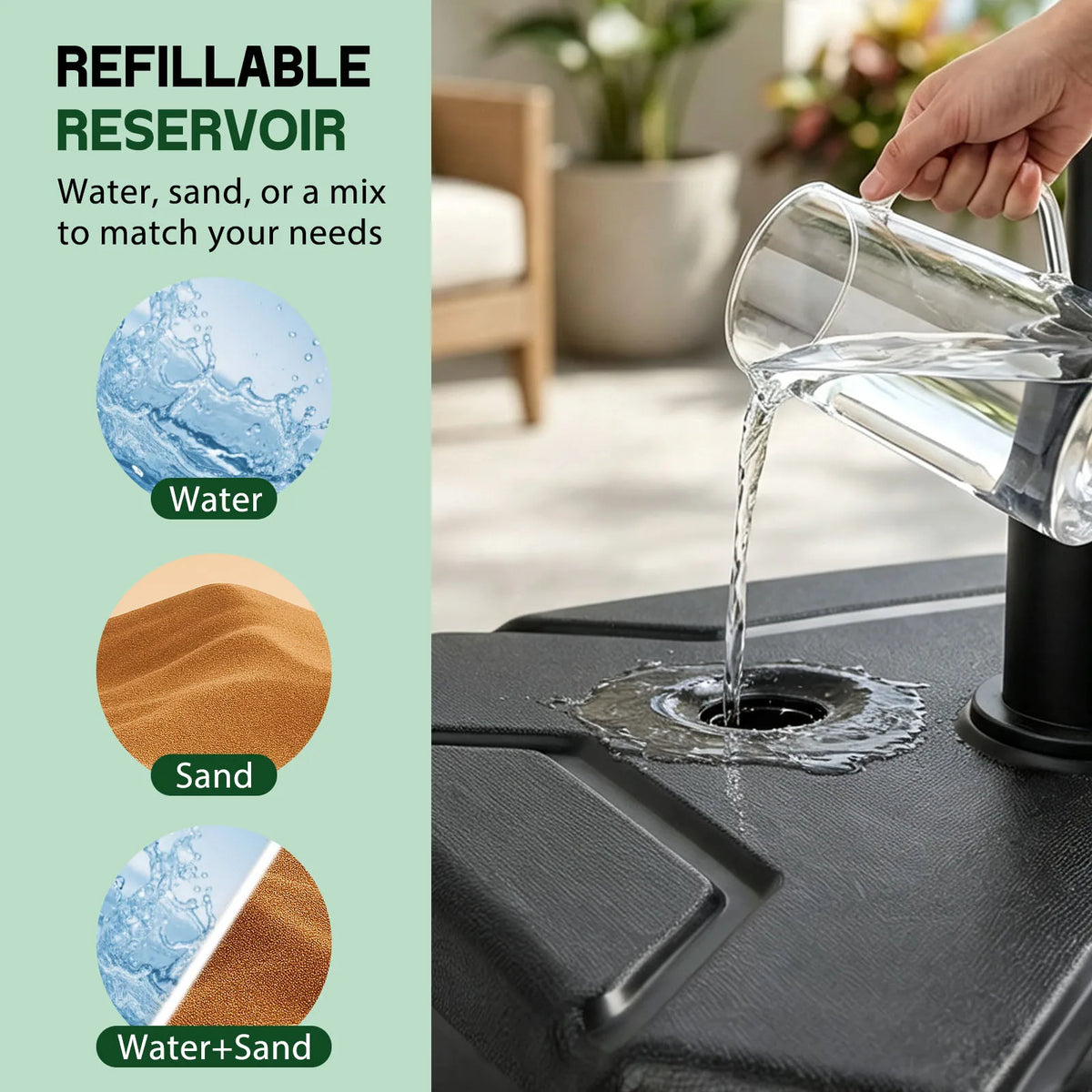 Fillable Patio Umbrella Base Stand, Heavy‑Duty Water Sand Filled Weighted Parasol Base, Fits 1.26"-2.36" Poles, Wind‑Resistant Outdoor Umbrella Stand for Garden Pool Balcony Terrace