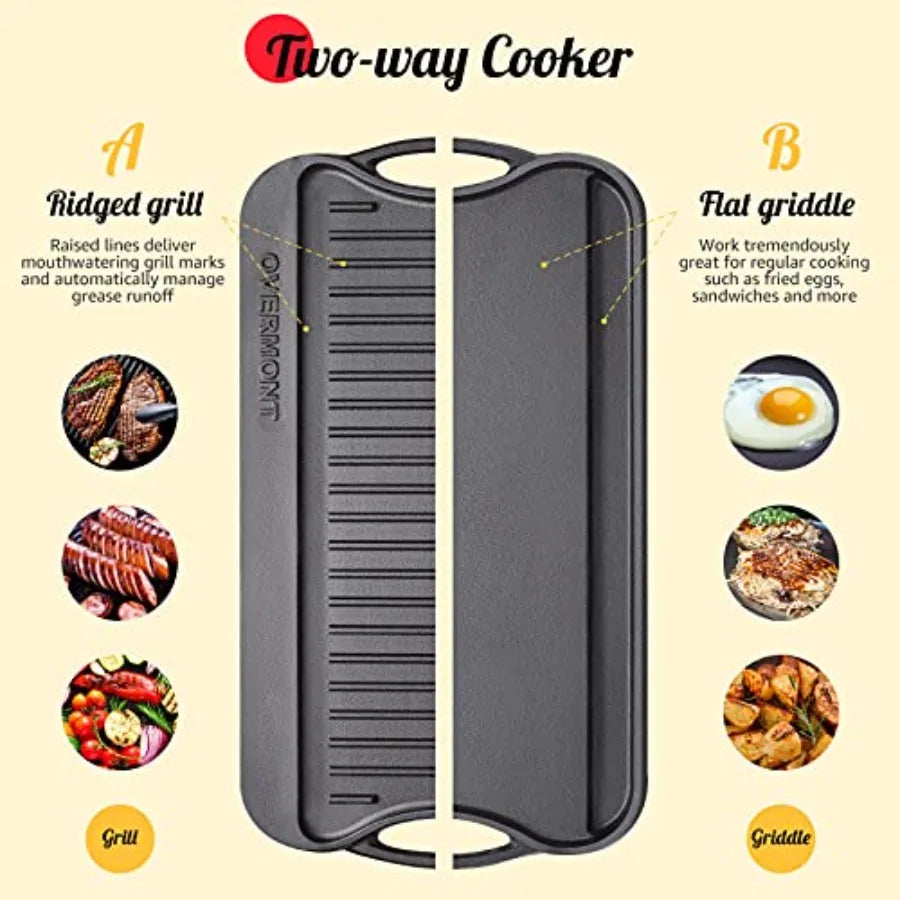 Pre-seasoned 17x9.8" Cast Iron Reversible Griddle Grill Pan with handles for Gas Stovetop Open Fire Oven One tray Scrapers Incl