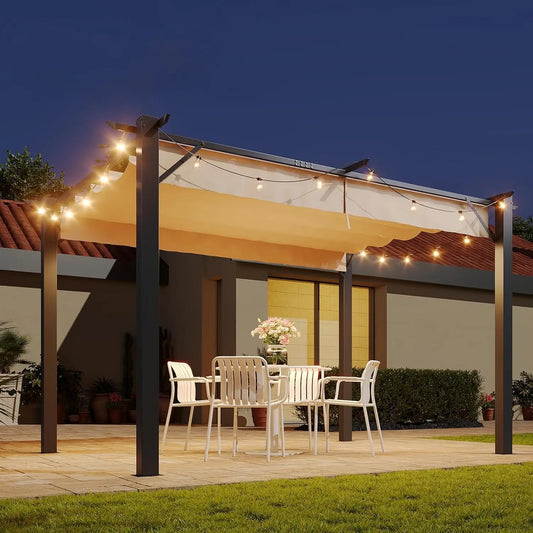 10'x12' Retractable Pergola, Heavy-Duty Metal Frame with Adjustable Canopy for Backyard Deck Garden