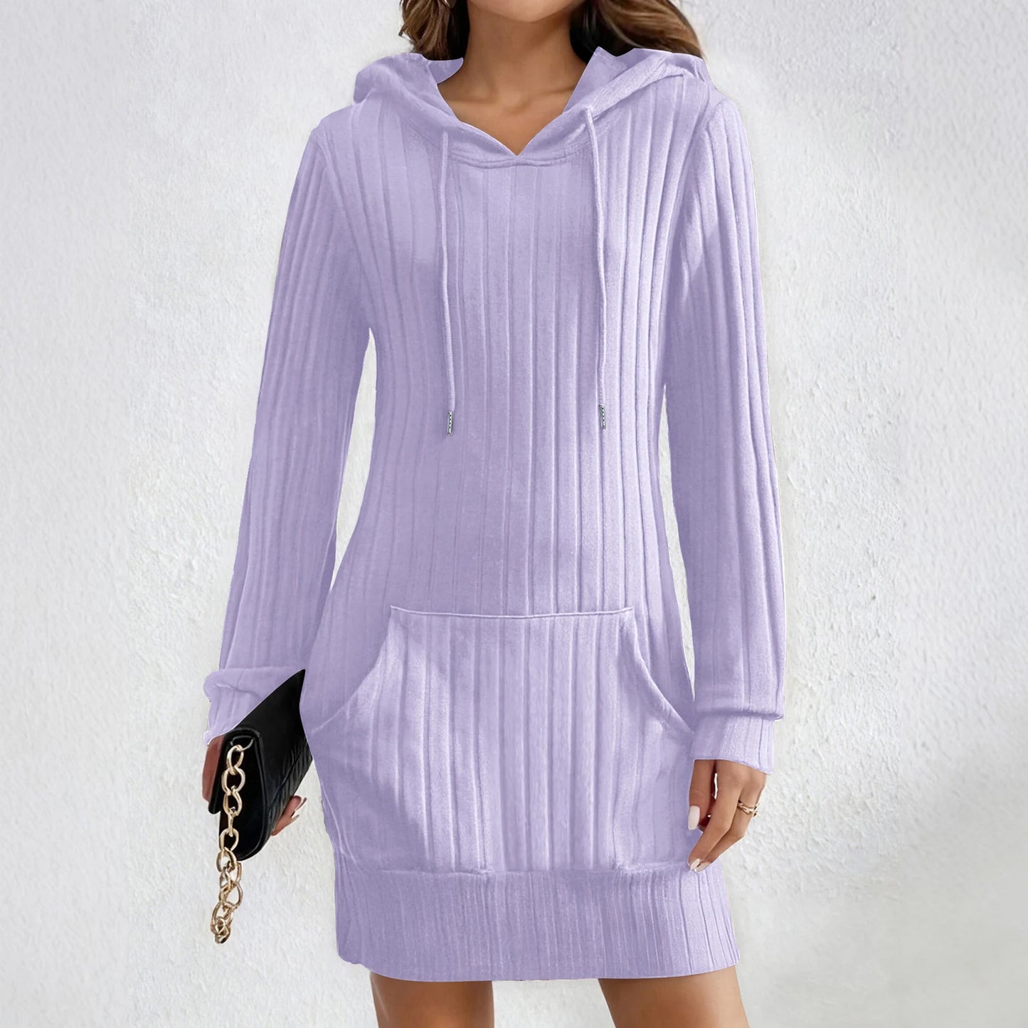 Casual Knit Hoodie Dress Long Sleeve Pocket Design Comfortable Stylish Ladies Daily Wear Slim Fit Hooded Dress