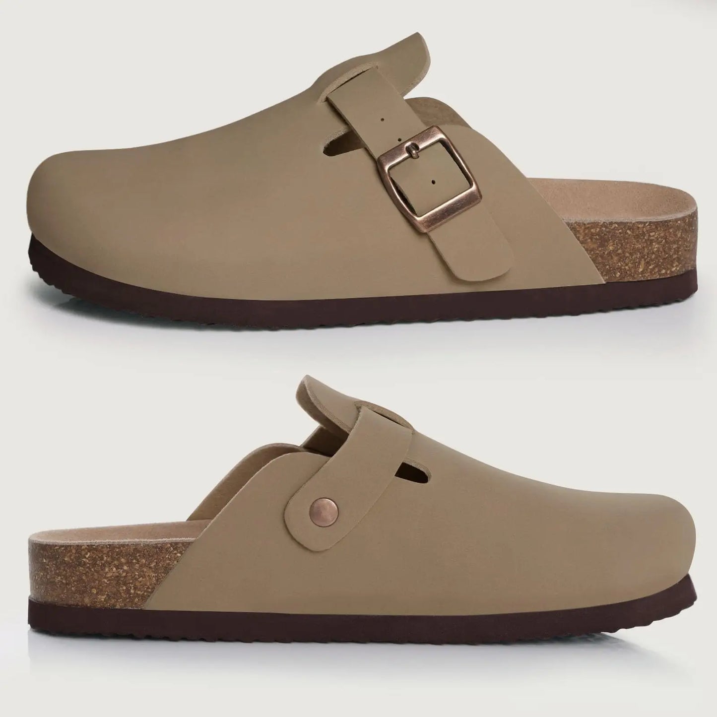 Bebealy Women's Genuine Clogs with Adjustable Strap Fashion Slip On Potato Shoes Cork Footbed Leather Mules With Arch Support