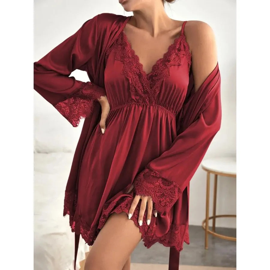 Teal Lace Trim Sleepwear Set With Robe For Women