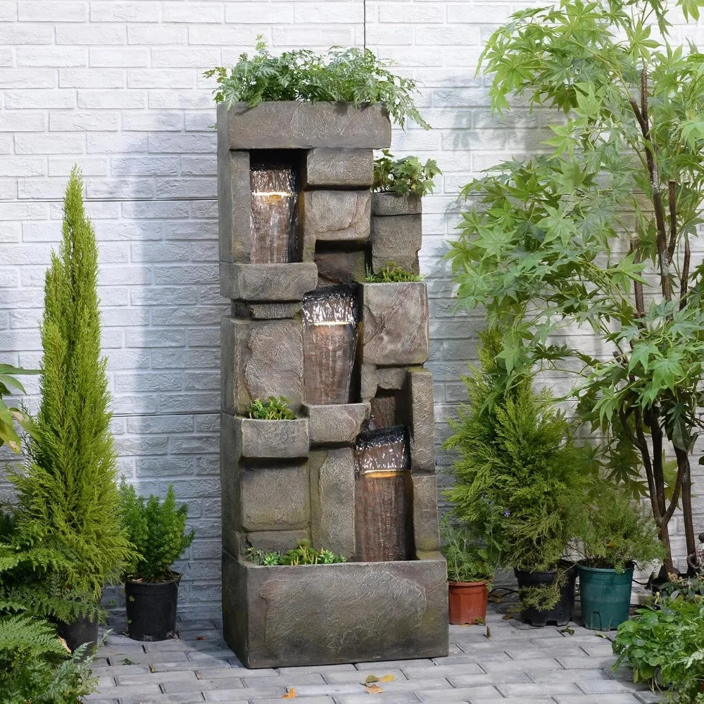 Garden Water Fountains Outdoor Floor Standing, 3 Tier Rock Waterfall Fountain with LED Lights and Pump for Garden,, Customized