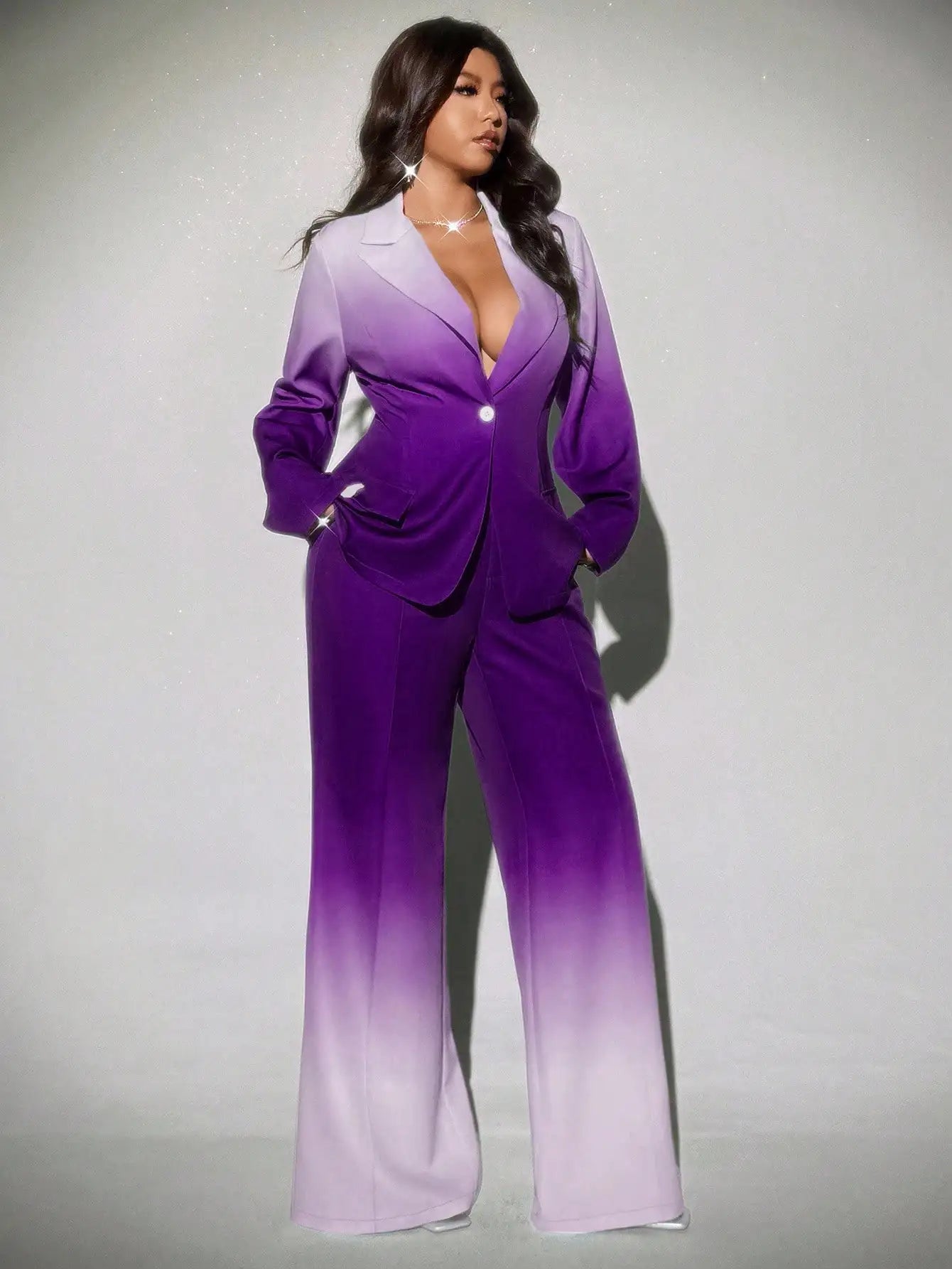 Plus Size Ombre Flared Suit Set for Women, Elegant Blazer & Wide Leg Pants, Fall Winter Stylish Outfit