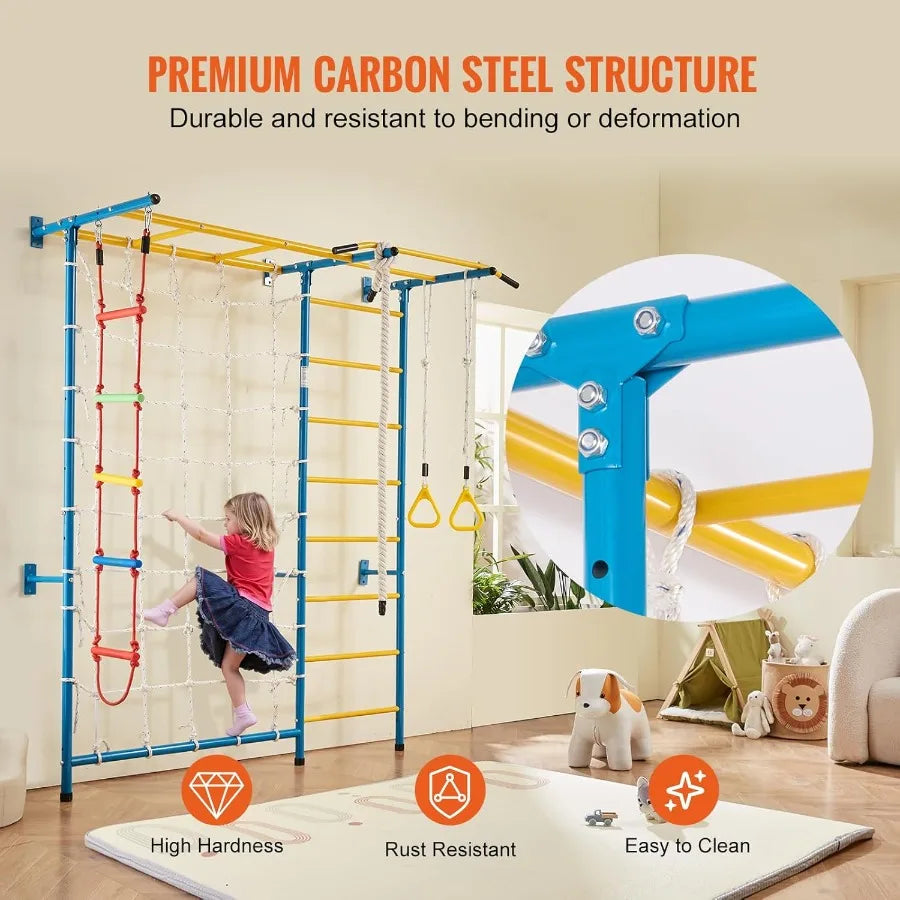 Indoor Jungle Gym for Toddlers 7in1 Climbing Playset with Carbon Steel Swedish Ladder Wall Ladder PullUp Bar Rope Ladder and Gy